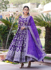 Model Looking Partywear Lehenga Choli in Purple Colour